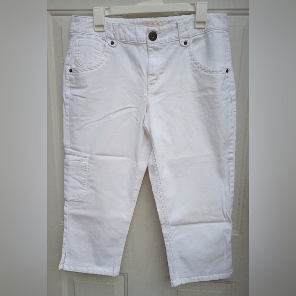 DKNY White Denim Cargo Capri Pants Cropped Stretch Jeans Sz 12 Activewear - Picture 1 of 9